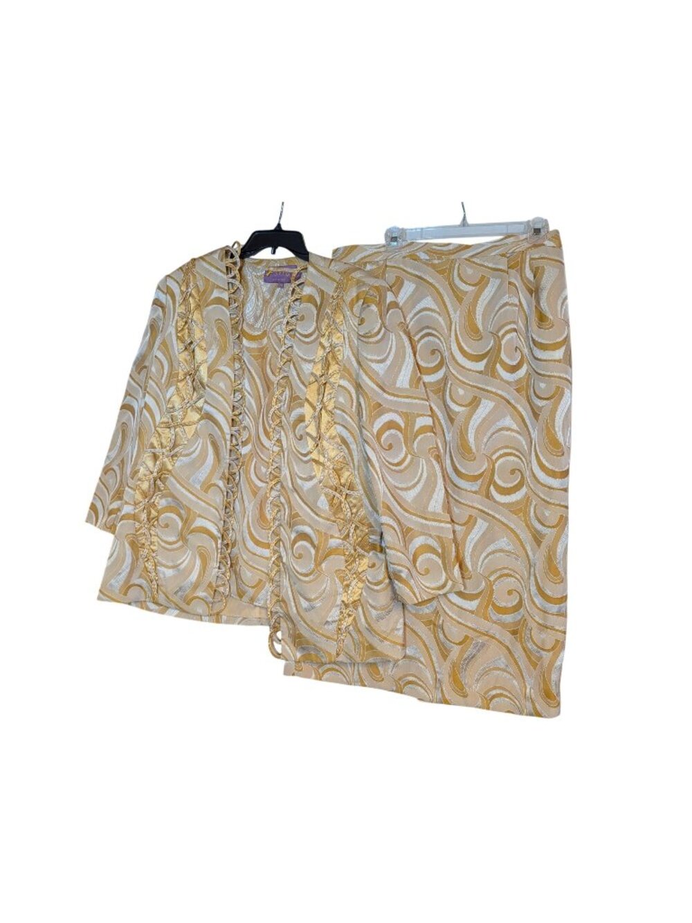 Sogic Gold Beige Swirl Pattern 3-Piece Skirt Suit Size 18W Elegant Church Wear